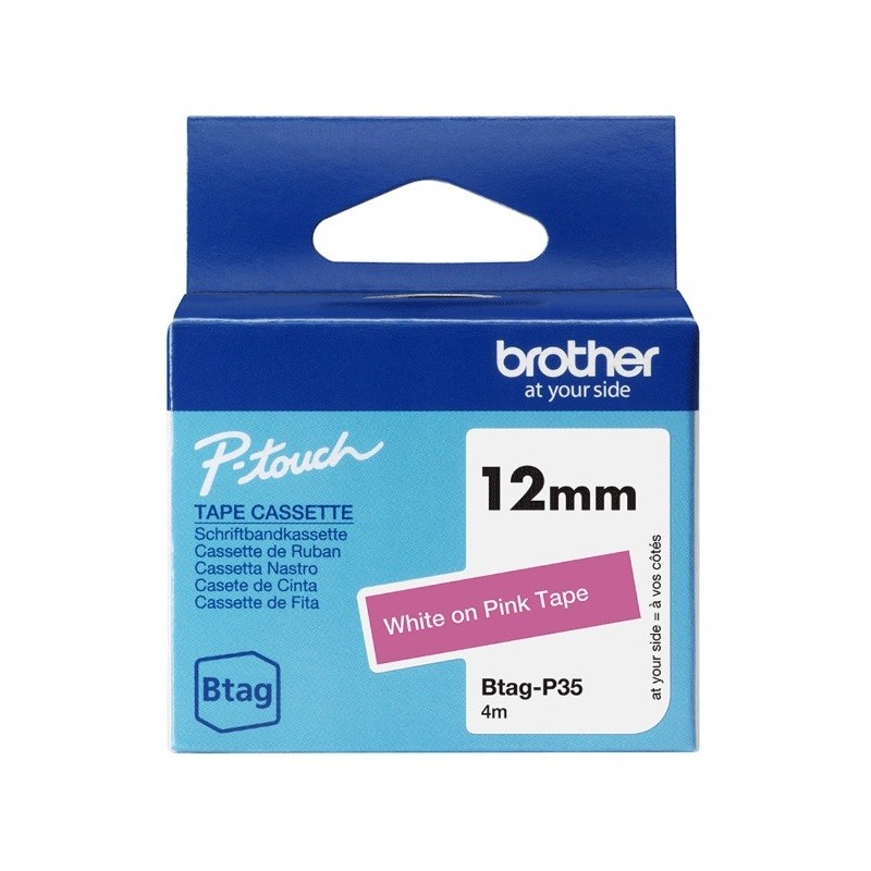 Ruban d'étiquetage adhésif Brother P-Touch, Blanc sur rose, 12 mm de large, non laminé