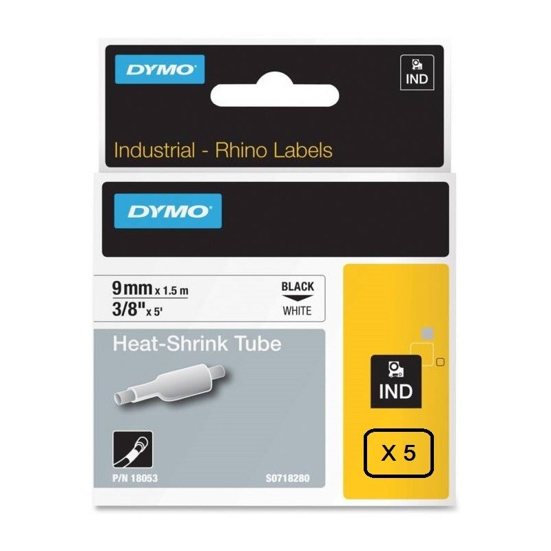 Gaines thermorétractables Dymo IND, 9 mm x 1,5m (Noir/Blanc) - 18053