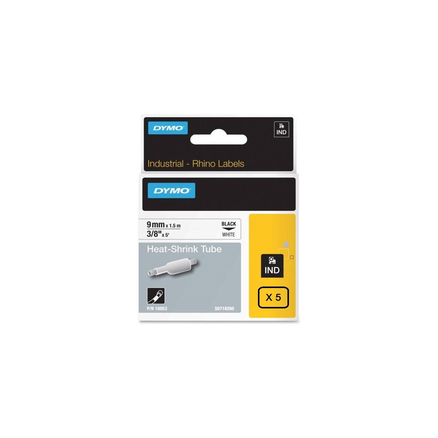 Gaines thermorétractables Dymo IND, 9 mm x 1,5m (Noir/Blanc) - 18053