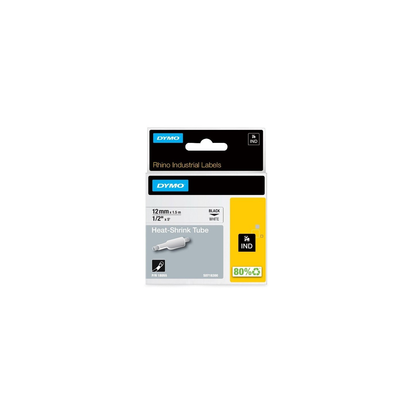Gaine thermorétractable Dymo IND, 12 mm x 1,5m (Noir/Blanc) - (S0718300)
