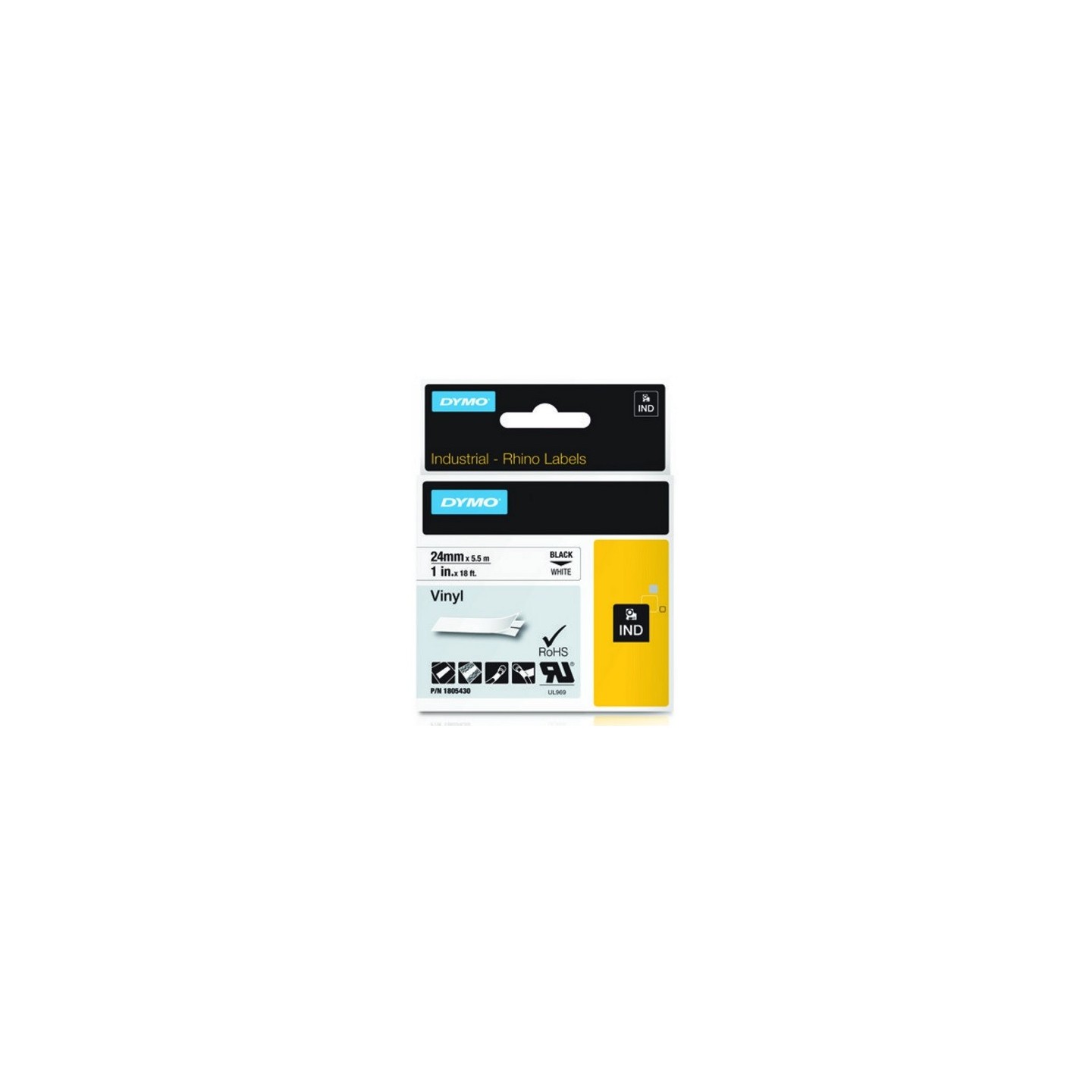 Ruban Vinyl Dymo IND, 24mm x 5,5m (Noir/Blanc)