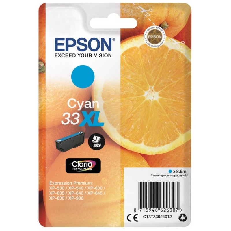 Cartouche Cyan Epson Haute Capacité pour Expression Premium XP-630 / XP-830  ... (n°33XL - orange)